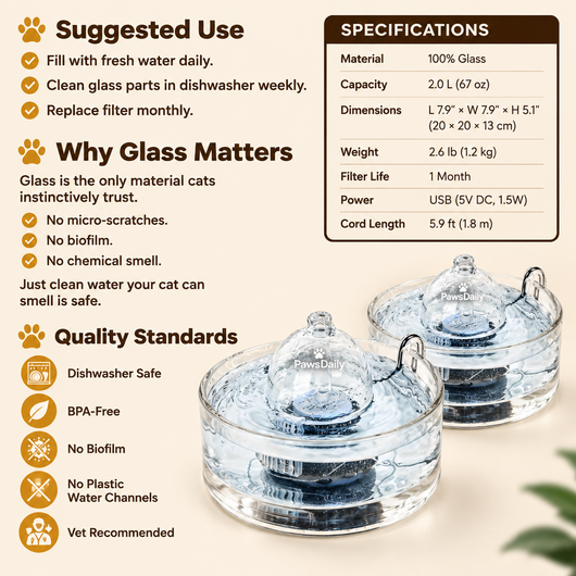 PawsDaily All-Glass Cat Water Fountain
